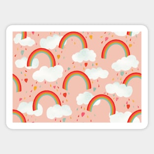 Clouds, rainbows and love hearts on a pink background Sticker